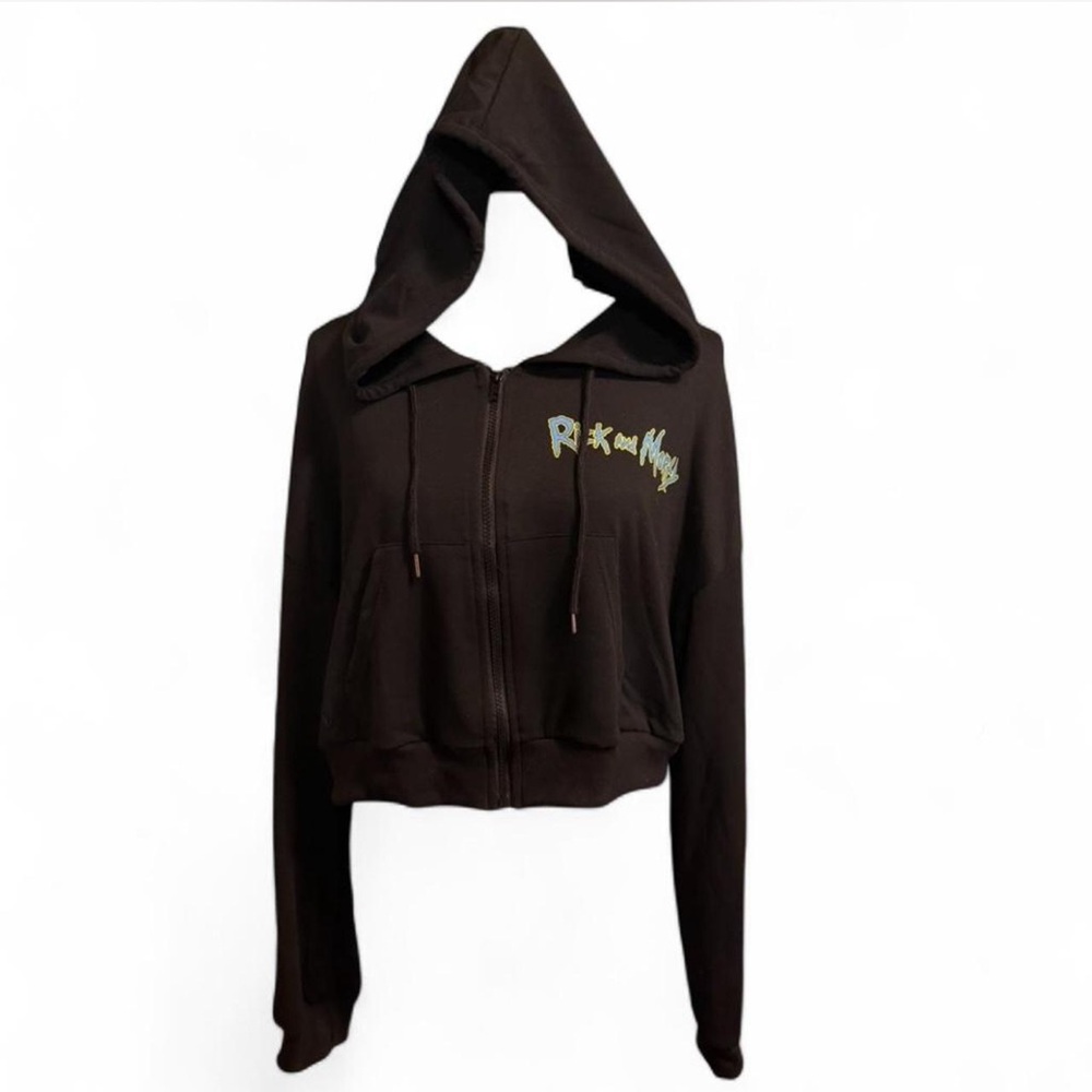 ROMWE Black Rick and Morty Hoodie cropped length size XL nwt punk goth emo alt - Picture 3 of 7